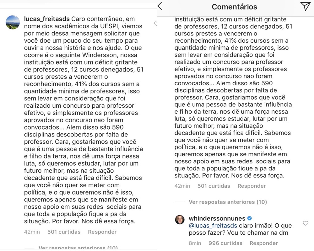 Comentário de estudante da Uespi pedindo ajuda de Whindersson