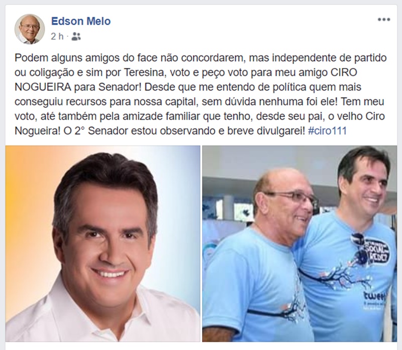 Vereador Edson Melo declara voto a Ciro Nogueira