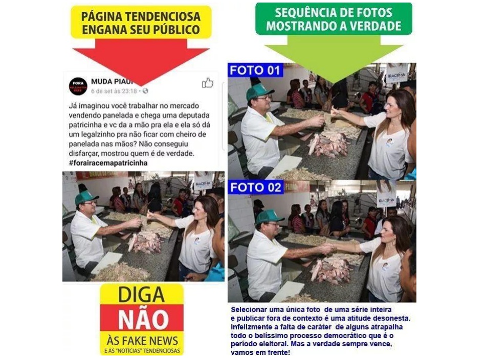 Do lado esquerdo da imagem a postagem atacada e à direita fotos que mostram a realidade
