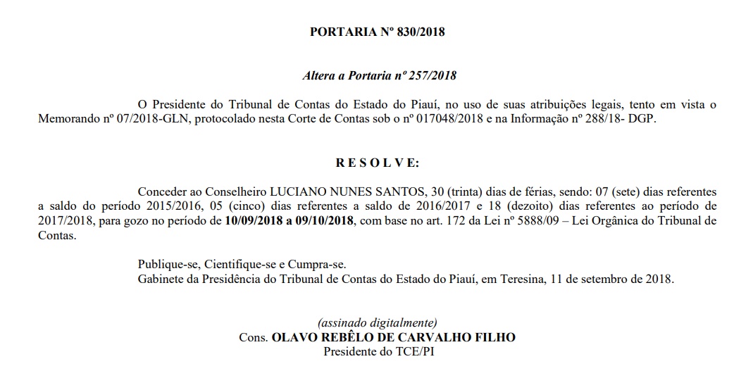 Portaria sobre as férias de Luciano Nunes