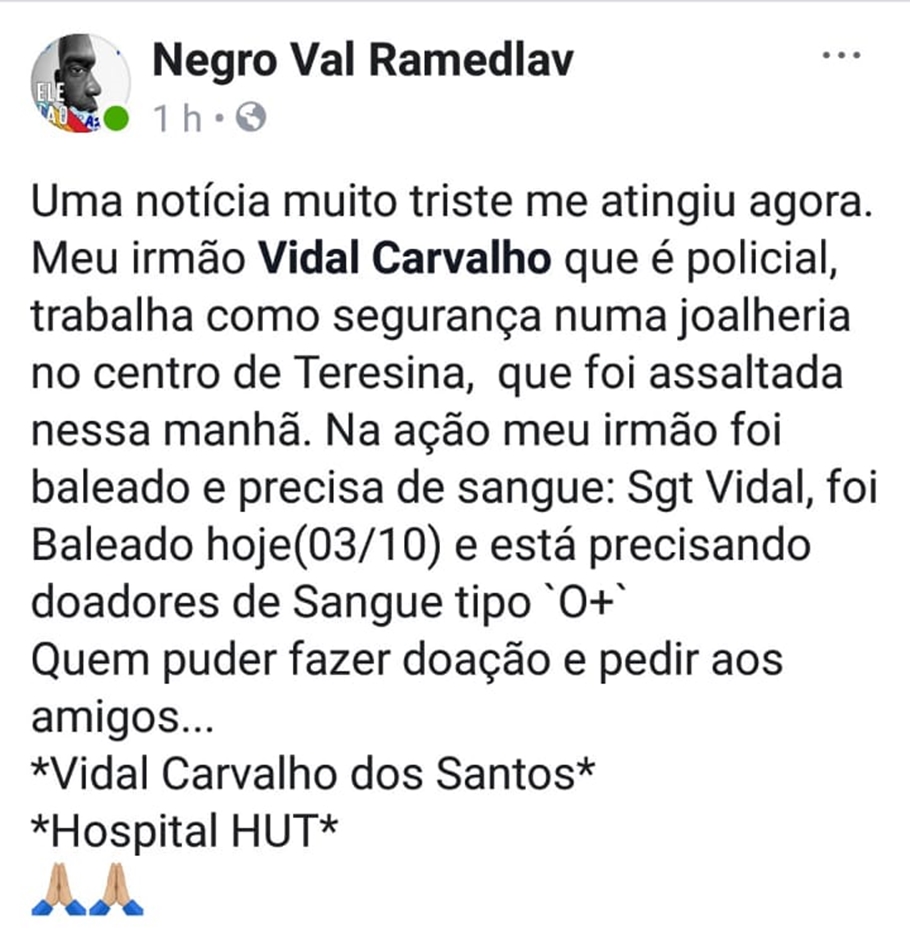 Postagem pedindo sangue a policial baleado