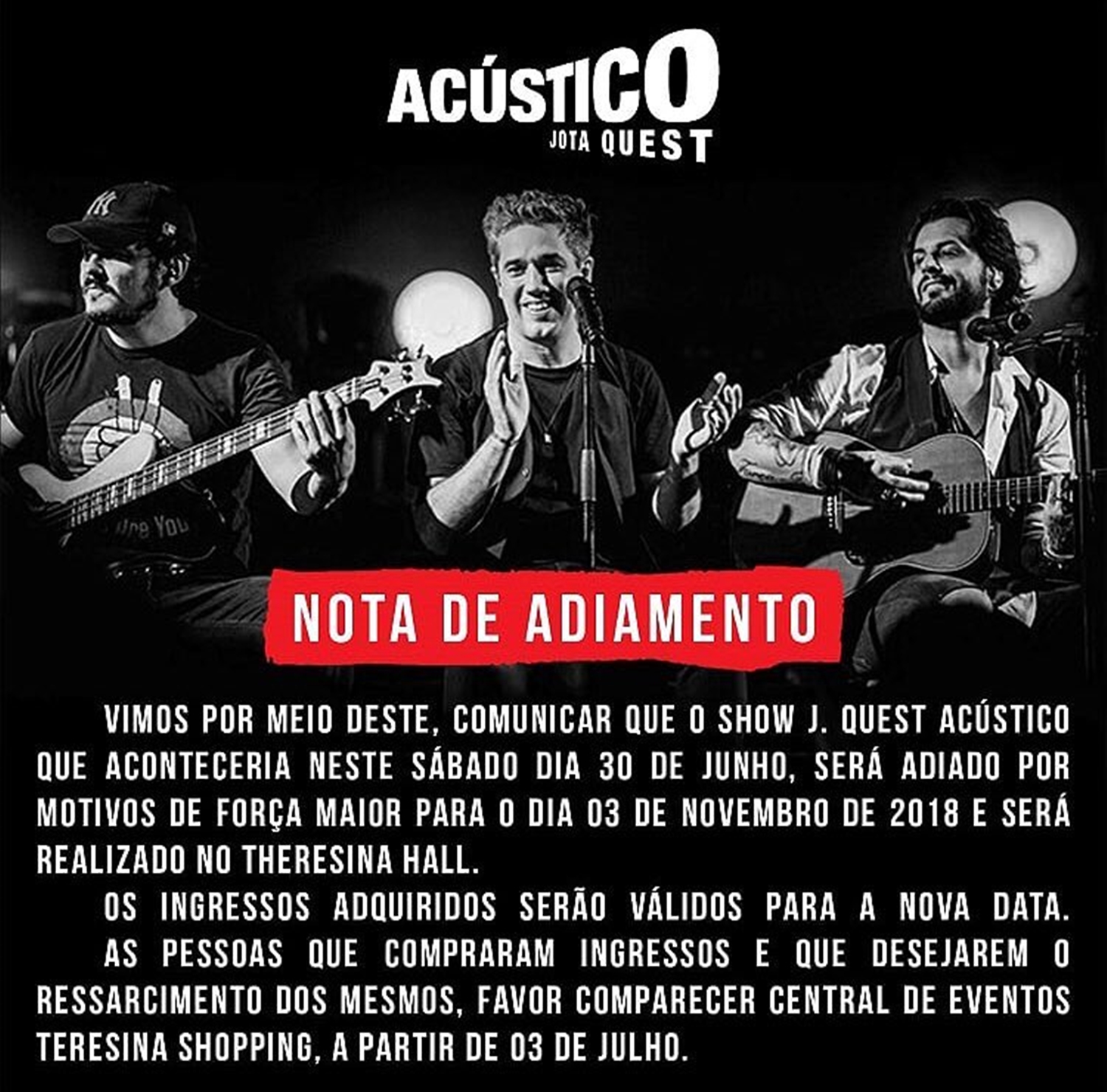 Aviso de adiamento do show