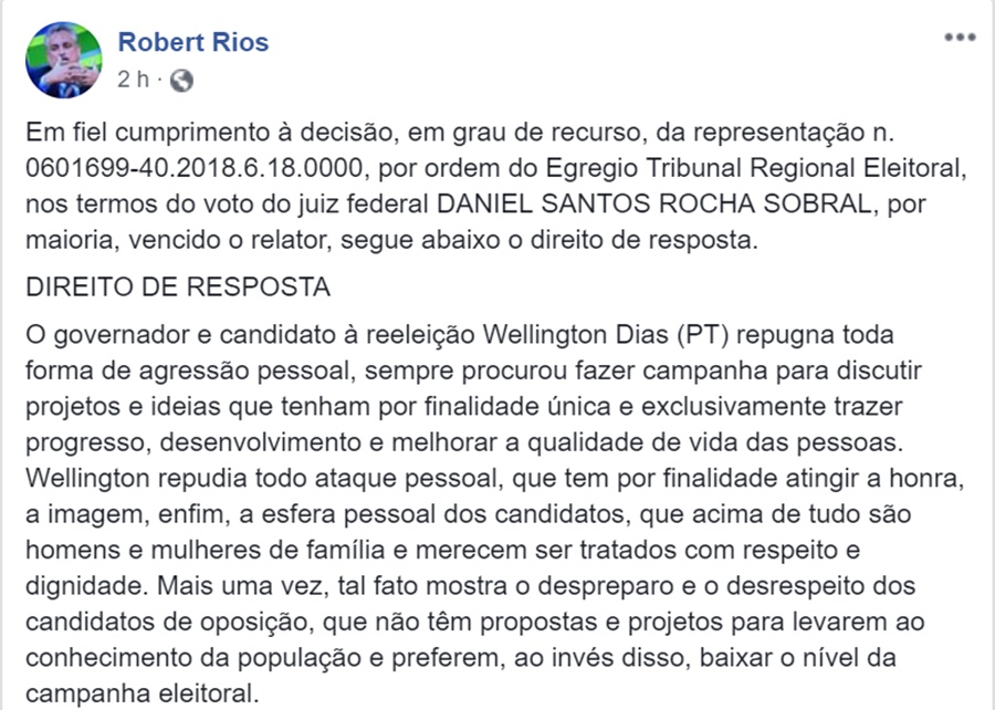 Direito de resposta Robert Rios