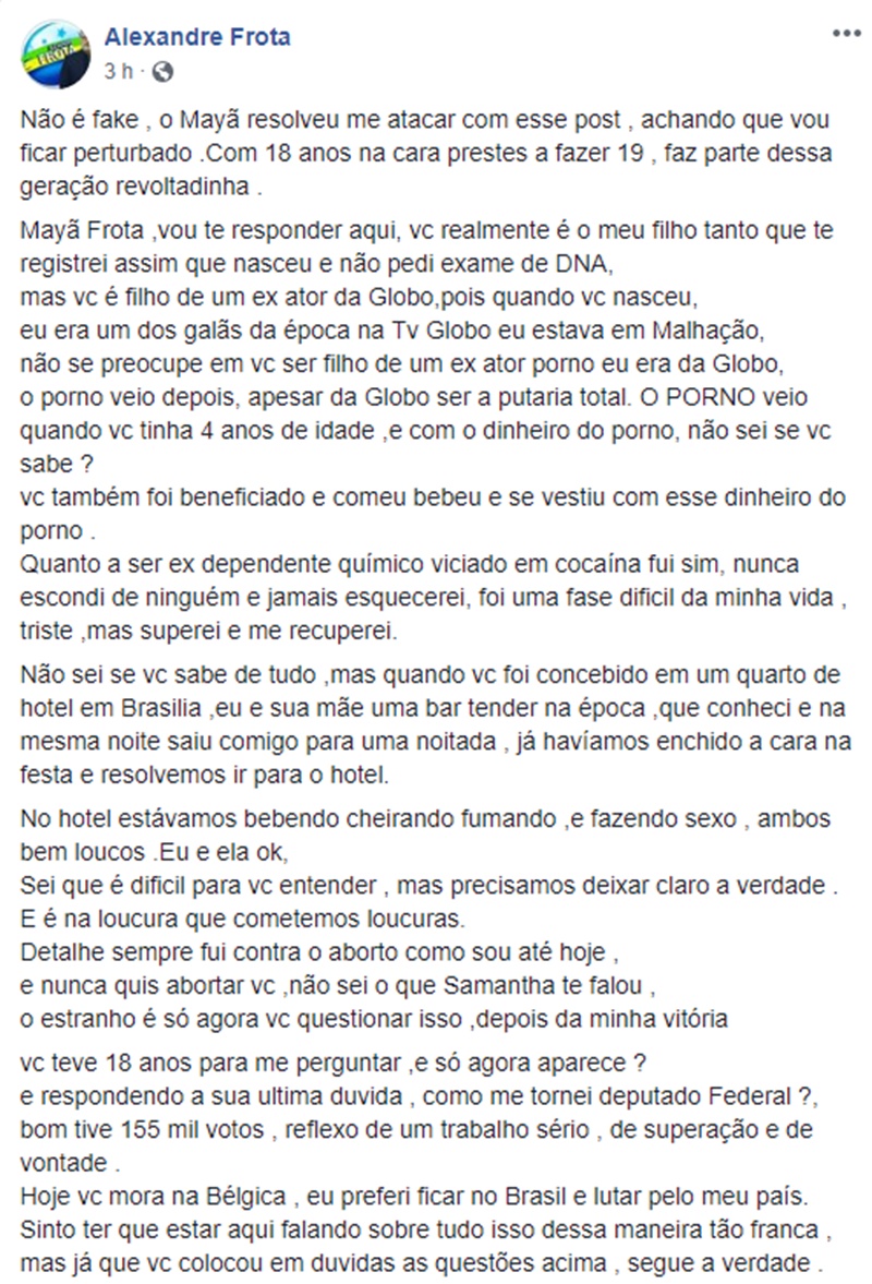 Alexandre Frota responde filho pelo Facebook