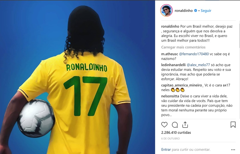 Ronaldinho Gaúcho publica apoio a Jair Bolsonaro