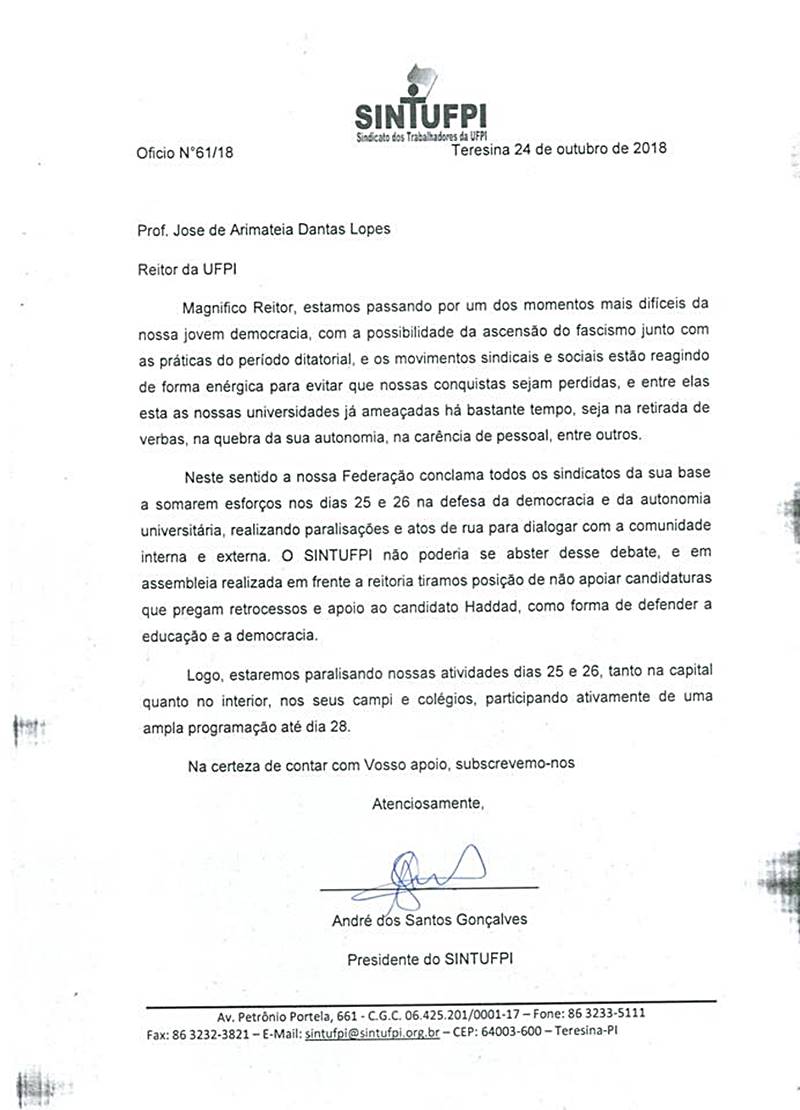 Ofício do Sintufpi ao reitor José de Arimateia