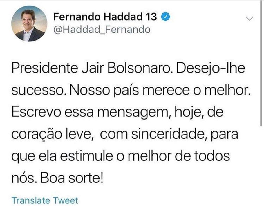 Fernando Haddad parabeniza Bolsonaro no Twitter