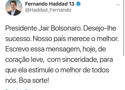 Fernando Haddad parabeniza Bolsonaro no Twitter