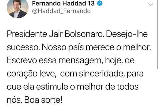 Fernando Haddad parabeniza Bolsonaro no Twitter