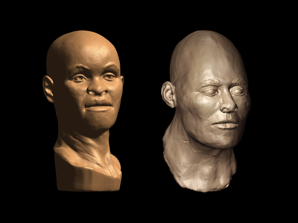 Comparação entre a reconstrução facial de Luzia feita por Richard Neave em 1999, e de um outro crânio de Lagoa Santa, feita agora por Caroline Wilkinson