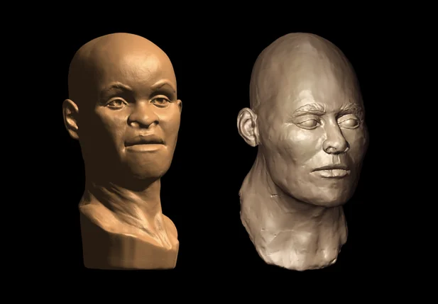 Comparação entre a reconstrução facial de Luzia feita por Richard Neave em 1999, e de um outro crânio de Lagoa Santa, feita agora por Caroline Wilkinson