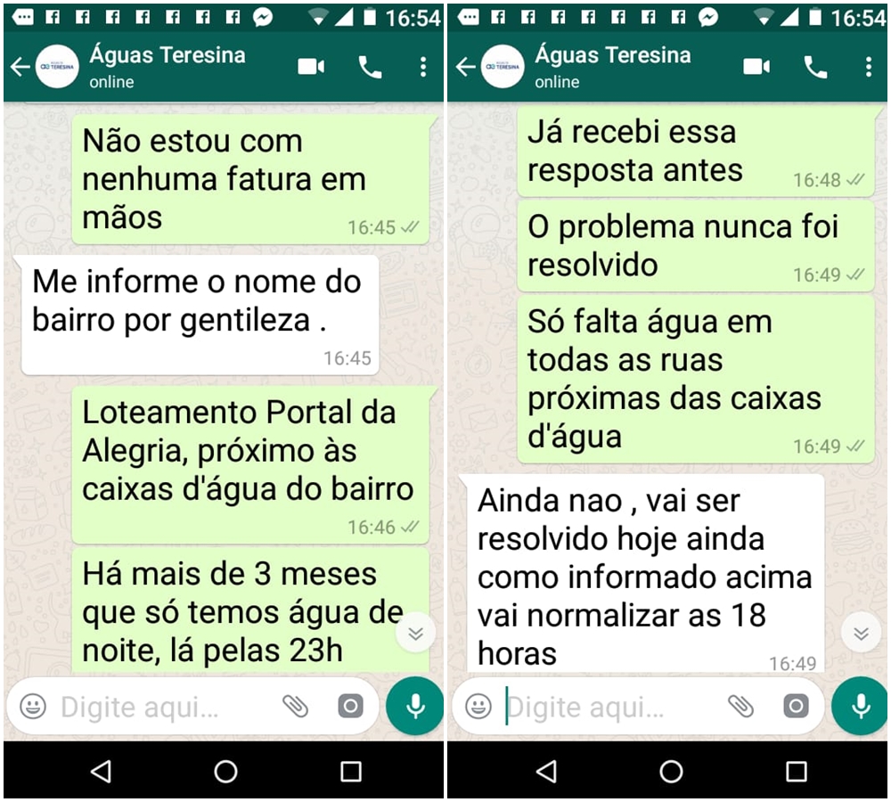 Mensagens enviadas pela moradora