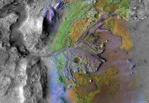 Cratera de Jezero, com sedimentos que contêm argilas e carbonatos