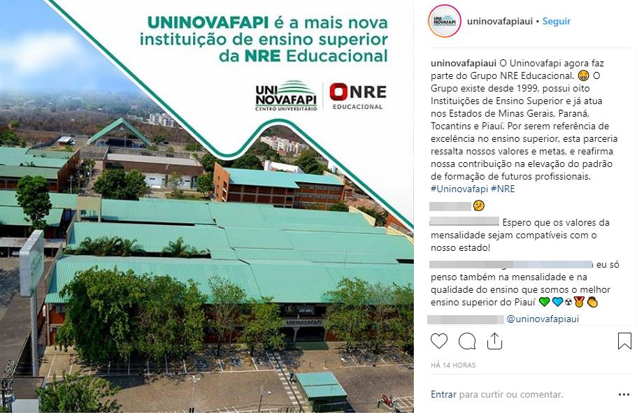 Publicação da Uninovafapi e comentários de alunos
