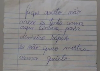 Bilhete utilizado pelo surdo para anunciar o assalto