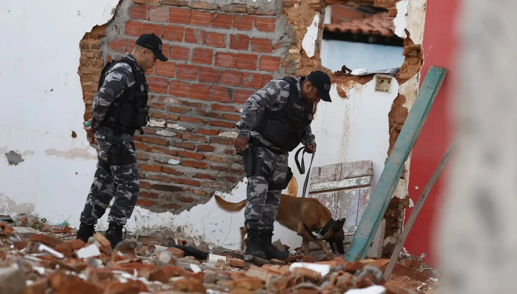 Policiais com cão farejador em busca de materiais pelo local