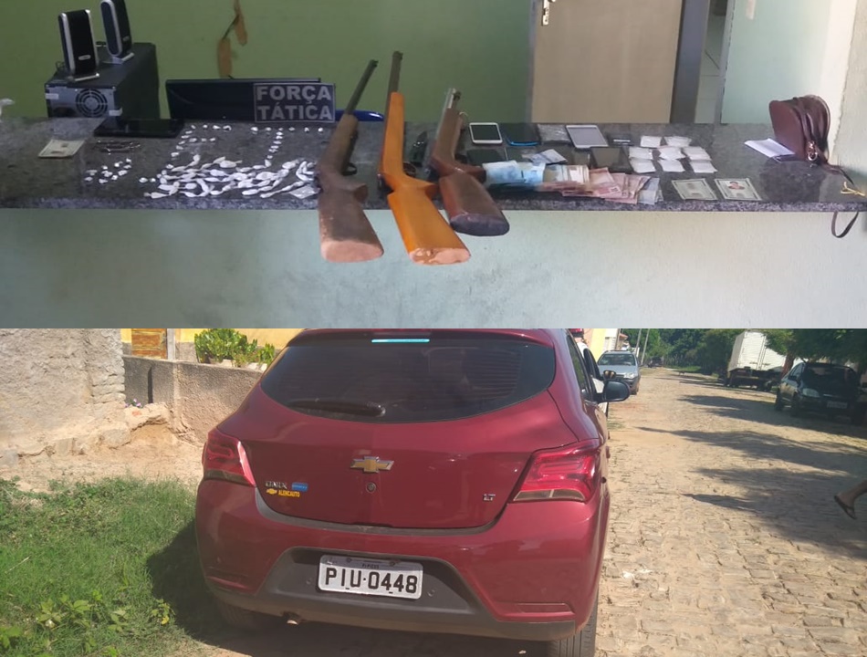 Carro, drogas e armas apreendidas pela Polícia Militar