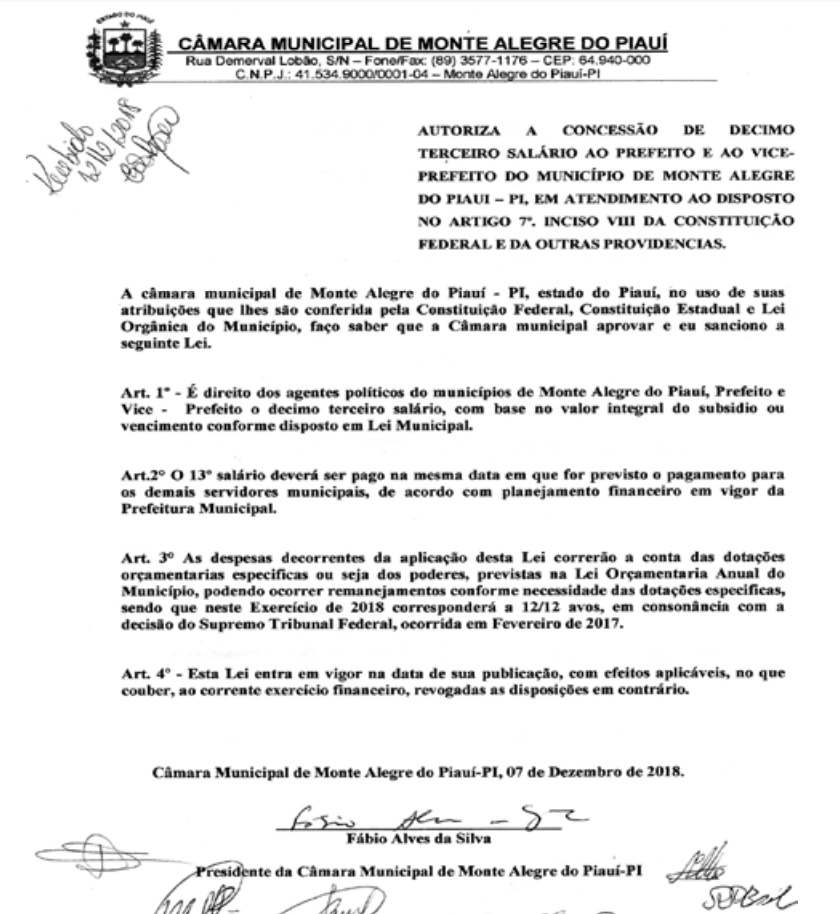 Concessão décimo terceiro salário ao prefeito e vice