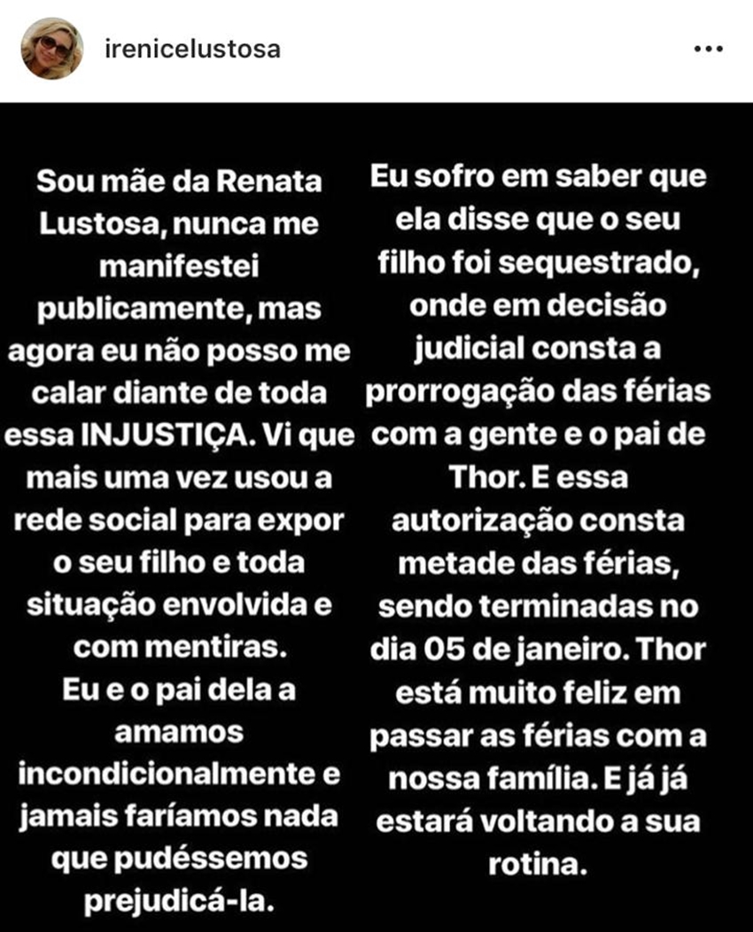 ??????Irene Lustosa, mãe de Renata, usou as redes sociais para desmentir a filha