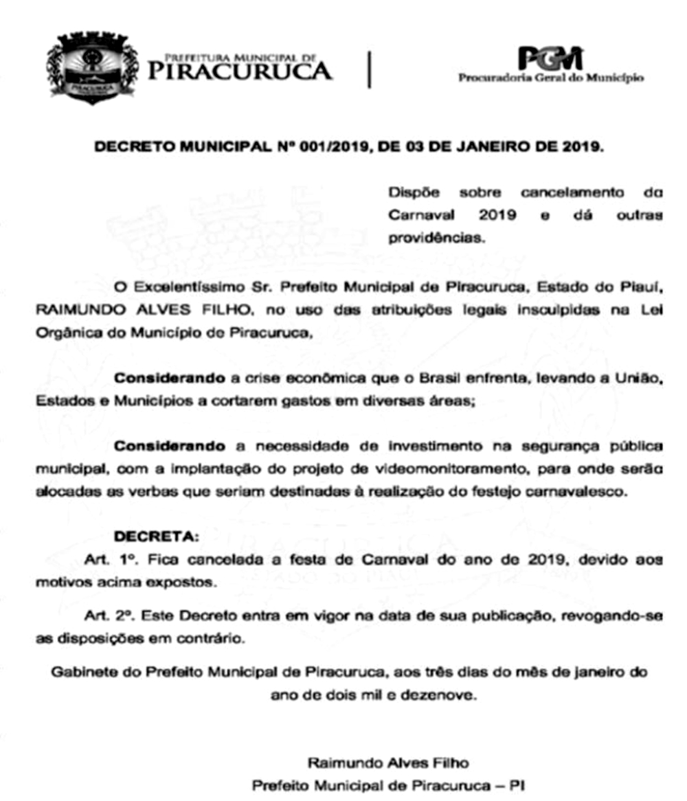 Decreto de cancelamento do carnaval 2019 em Piracuruca