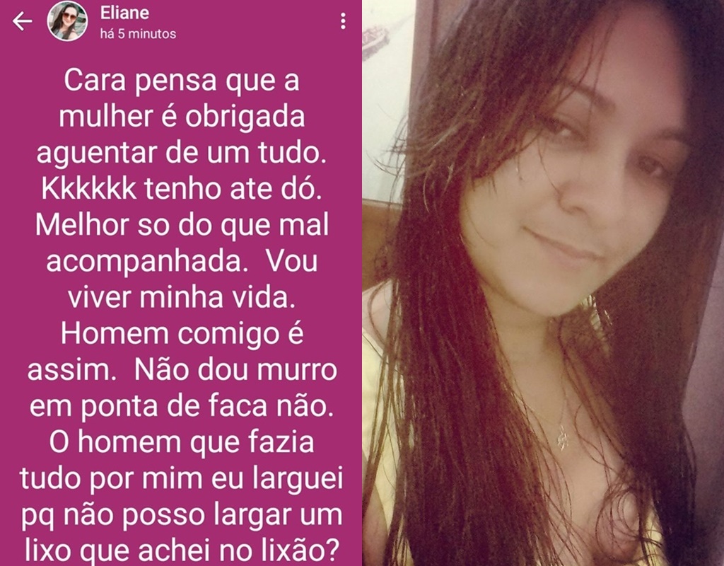 Eliane postou no status de seu WhatsApp um desabafo sobre o fim do relacionamento com o acusado