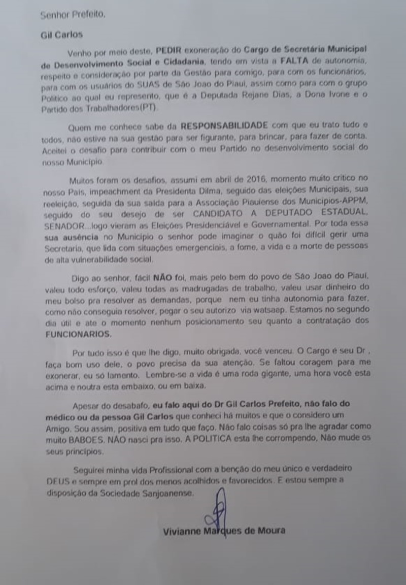 Carta com pedido de exoneração