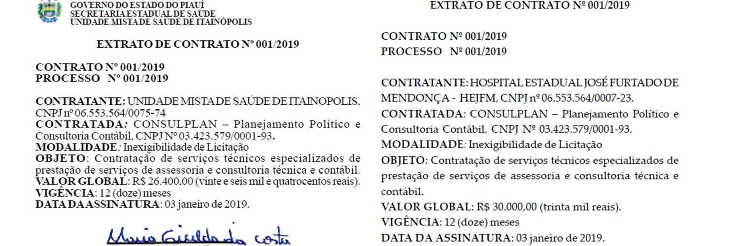 Contratos de Itainópolis e São Miguel do Tapuio