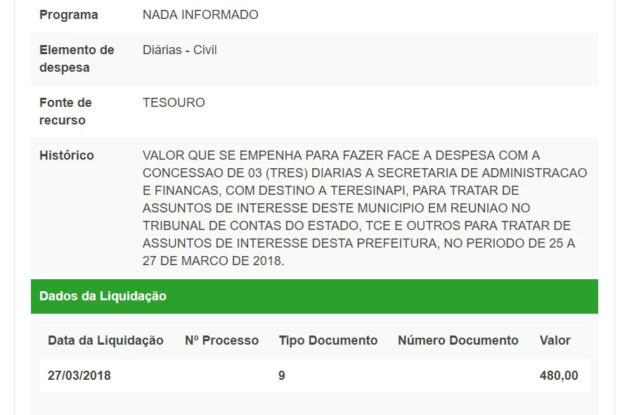 Diárias pagas em março de 2018