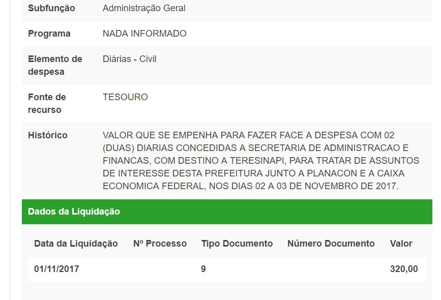 Diárias pagas em novembro de 2017