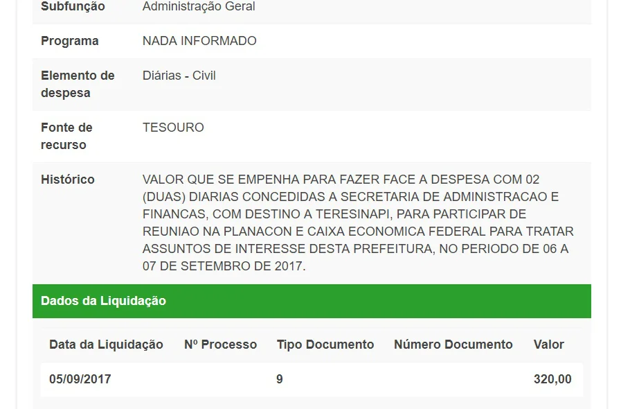 Diárias pagas em setembro de 2017
