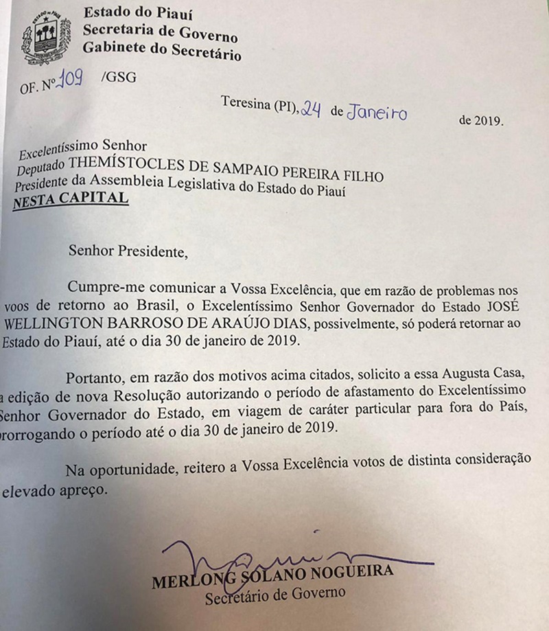 Ofício encaminhado para o presidente da Alepi