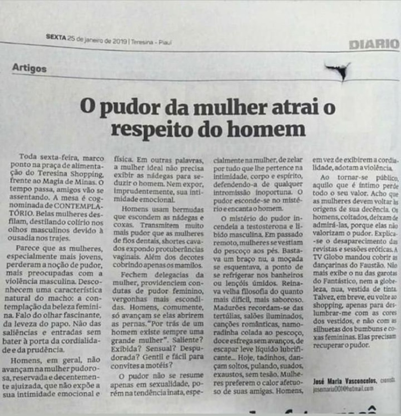 Texto polêmico publicado em um jornal local 