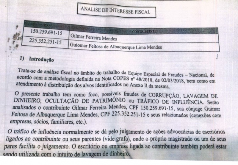 O ministro Gilmar Mendes estás endo investigado pela Receita Federal 