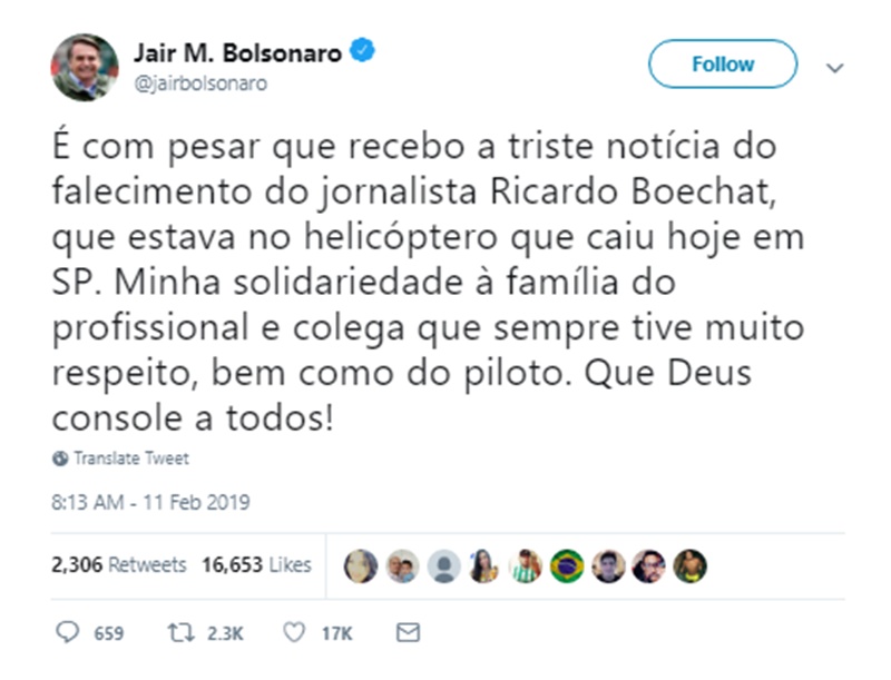 Bolsonaro lamenta morte de Ricardo Boechat