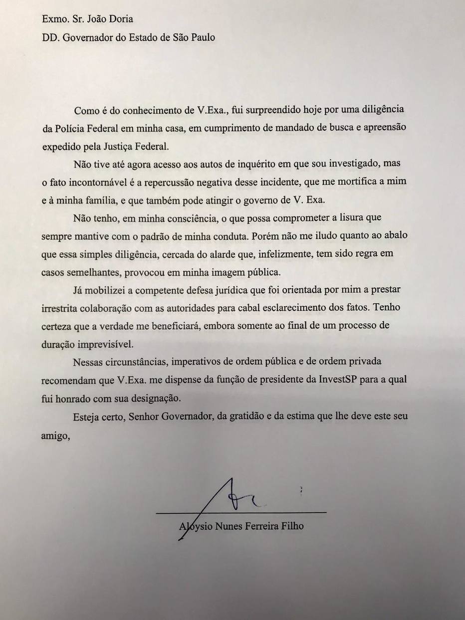 A carta de demissão entregue por Aloysio Nunes ao governador João Doria