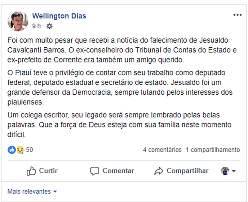 Wellington Dias lamenta morte de Jesualdo Cavalcanti