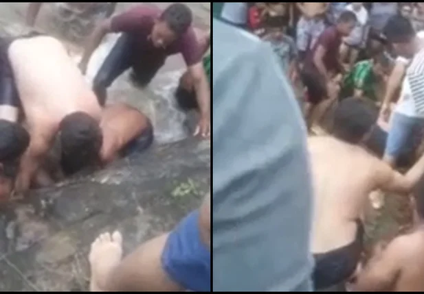 Populares realizando a retirada do homem