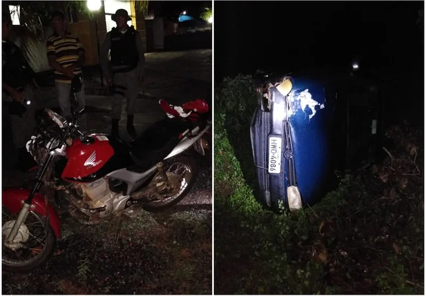 Um carro em alta velocidade colidiu com a traseira da motocicleta e em seguida capotou.