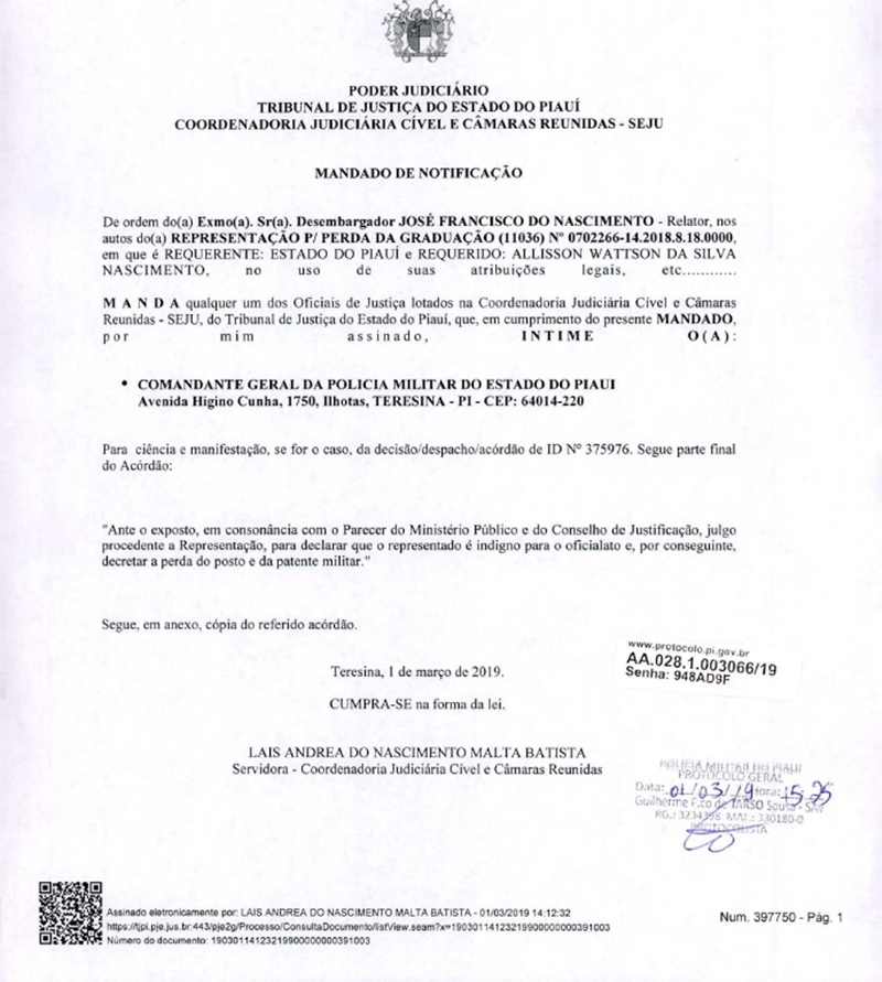 Intimação ao comandante geral da PM