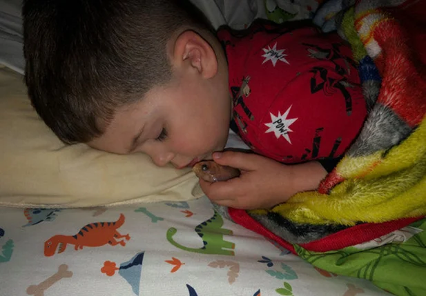 O menino amava tanto seu peixe que resolveu tirá-lo do aquário para que pudessem dormir abraçados