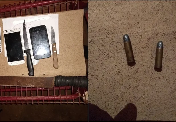 Celulares, armas brancas e cartuchos apreendidos