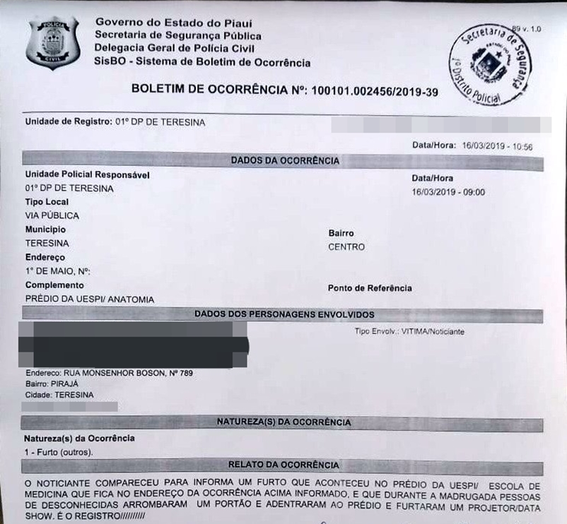 Boletim de ocorrência registrado na delegacia