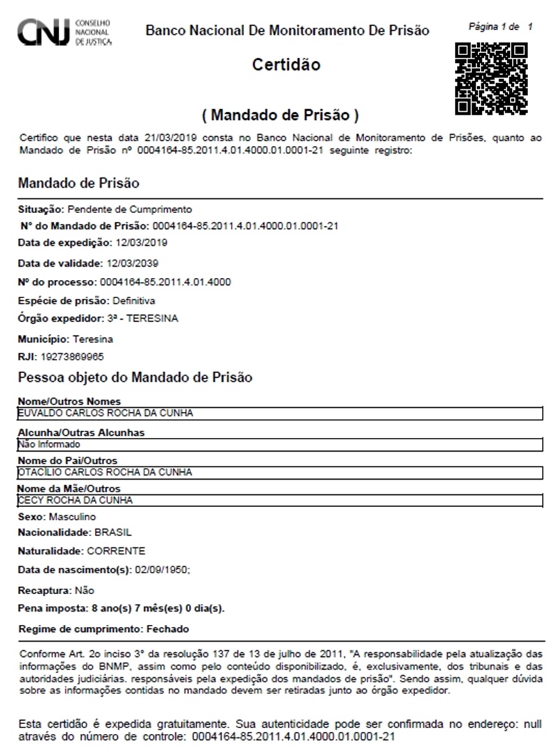 Mandado de prisão contra ex-prefeito Euvaldo Carlos