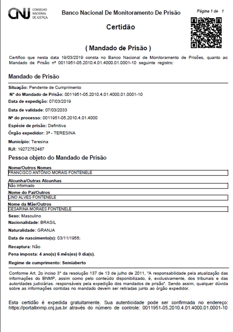 Mandado de prisão contra ex-prefeito Francisco Antônio Moraes