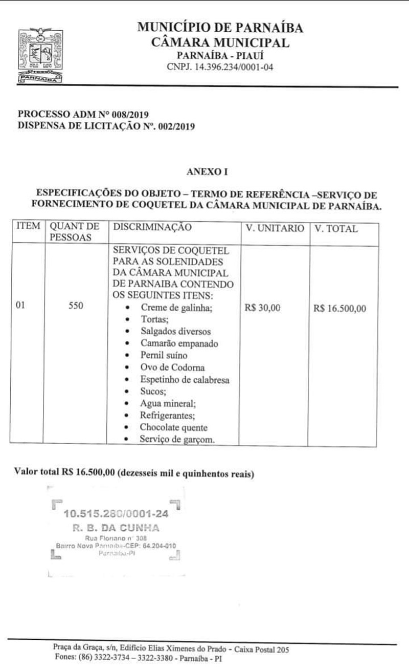 Câmara de Picos contrata empresa para fornecer coquetel de luxo