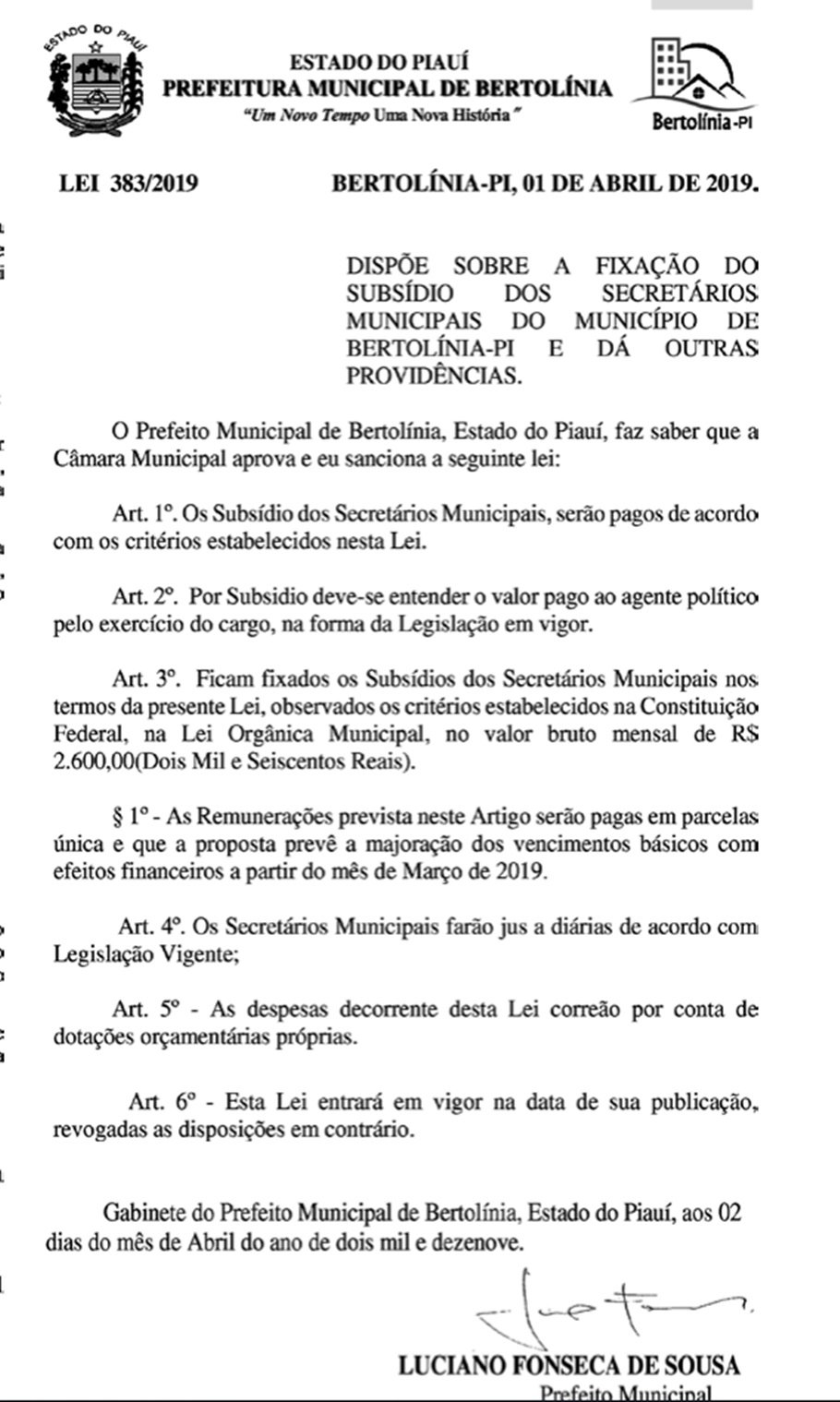 Reajuste secretários de Bertolínia