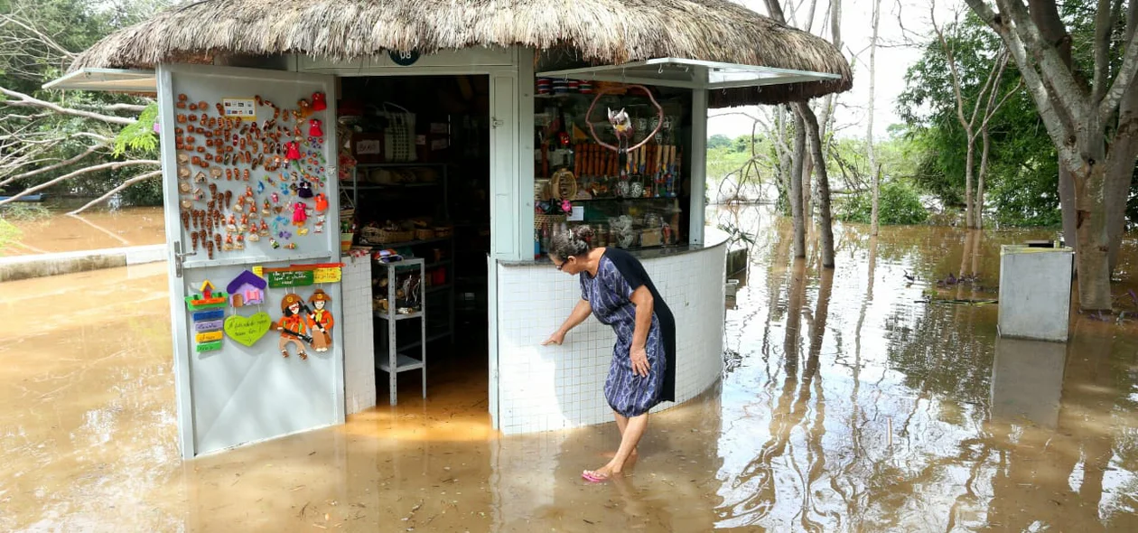 Dona lúcia mostrando onde chegou o nível da água