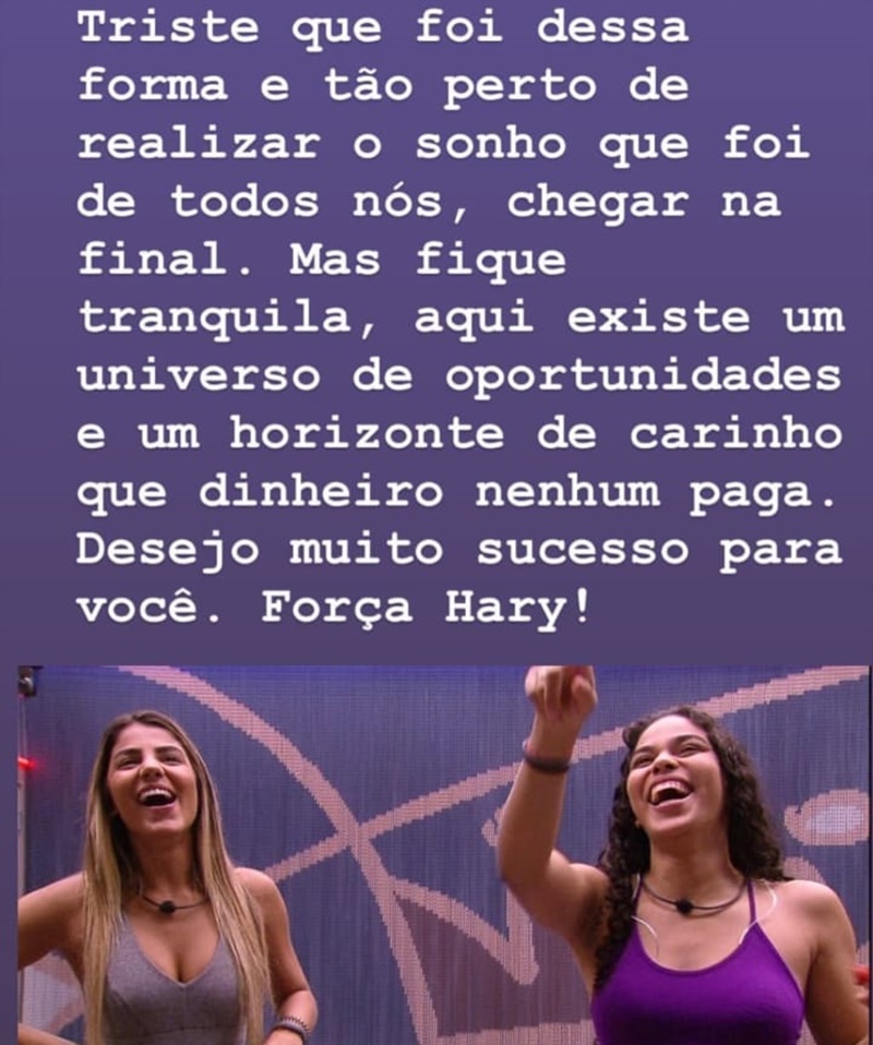 Elana lamenta expulsão de Hariany
