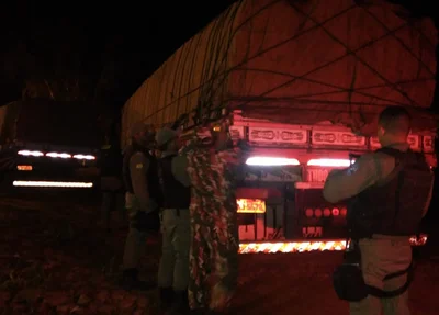 A Polícia Ambiental apreendeu três caminhões transportando madeira irregular
