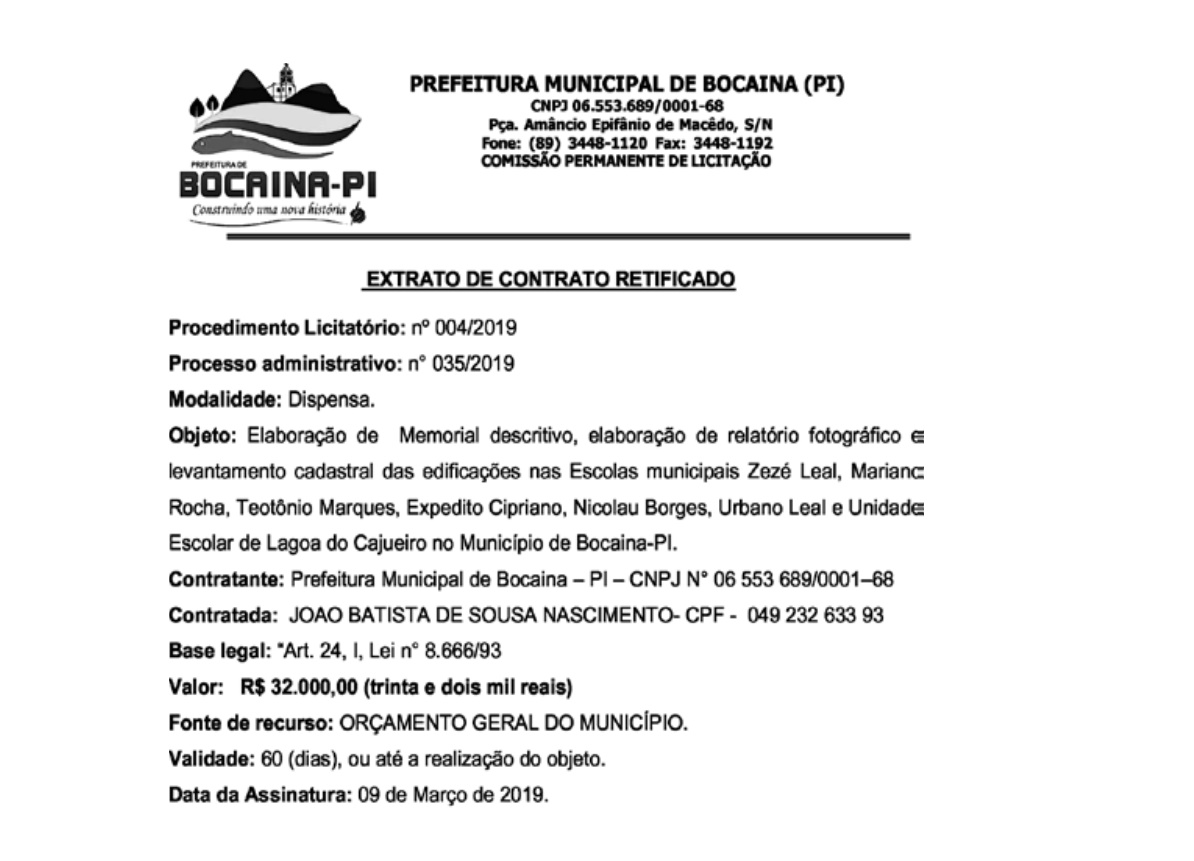 Extrato de contrato sem licitação da Prefeitura de Bocaina